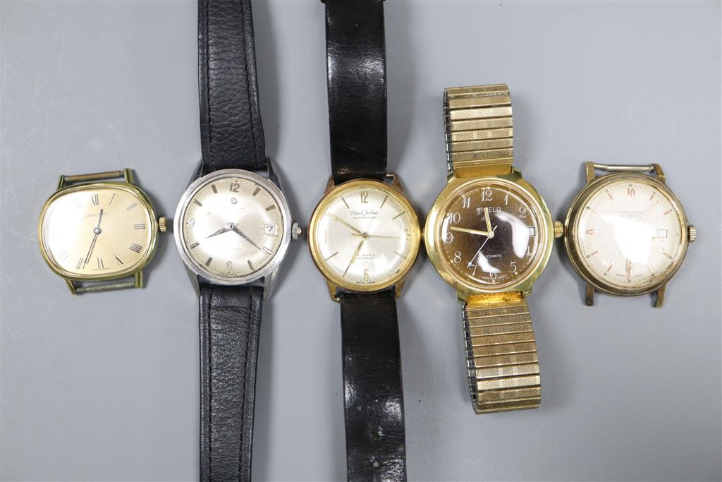 Five assorted gentlemans wrist watches including Certina and Shield.